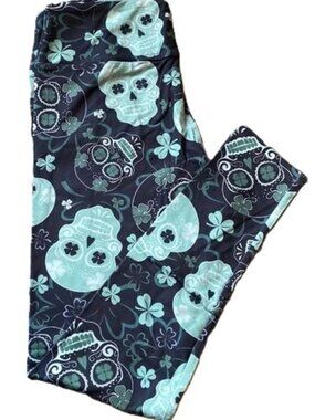 Sugar Skulls OS Leggings CP Designs Shamrock Green Black White St Patrick's Day